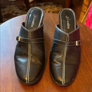 SAS Black Leather Mules with Stitch Detail